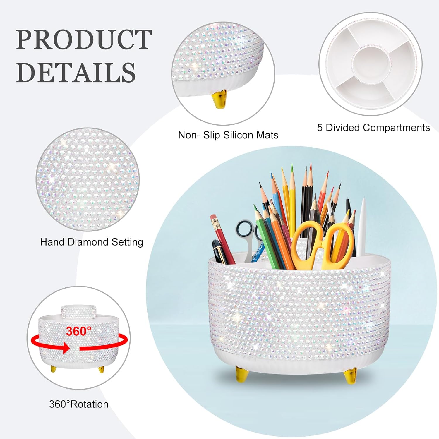 Bling Silver Rhinestone Desk Organizer with 5 Slots 360 Degree Rotating, Bling Pen Holder Makeup Brush Holder for Women, Silver Rhinestone Office Accessories